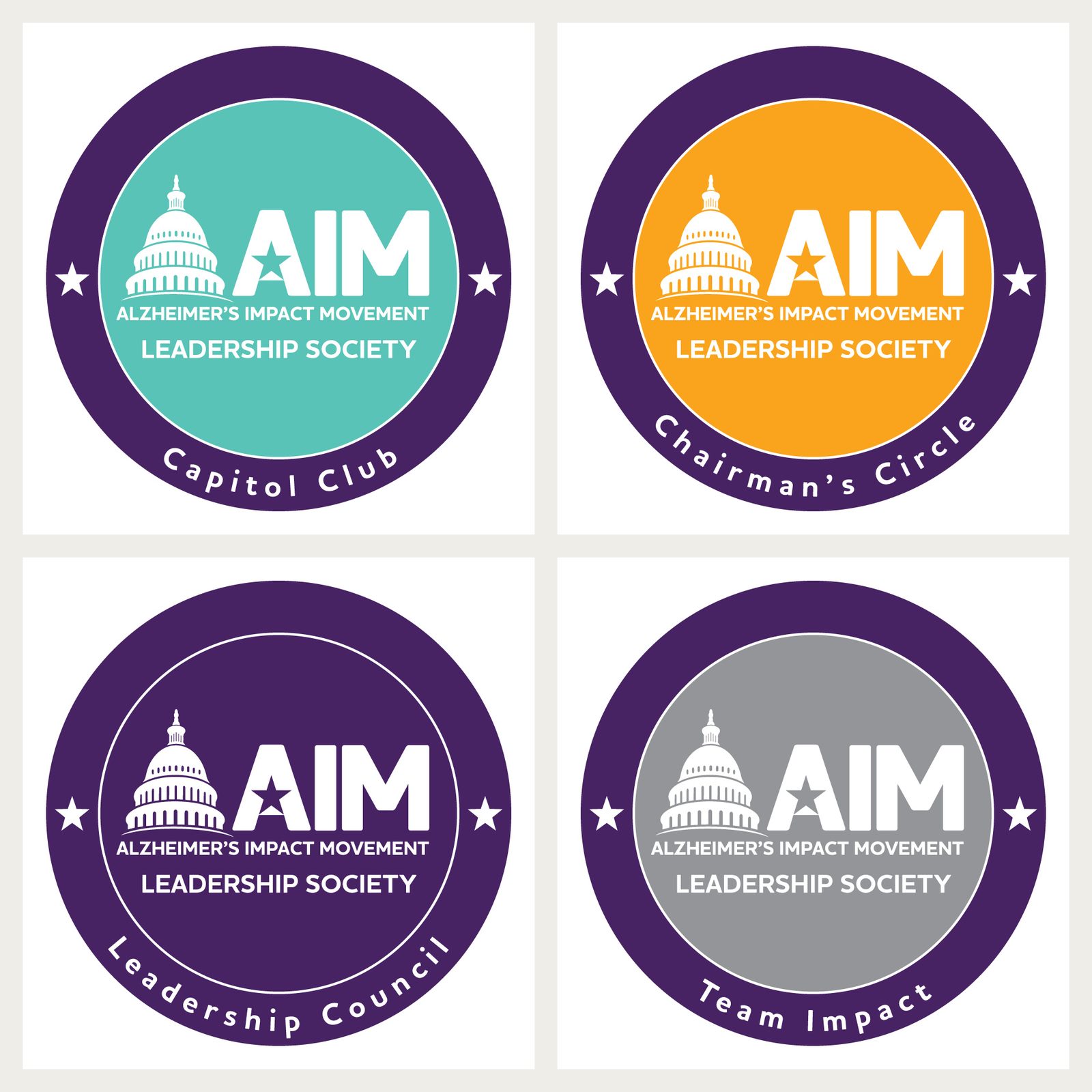 Four AIM Leadership Society pin designs: Capitol Club, Chairman's Circle, Leadership Council and Team Impact