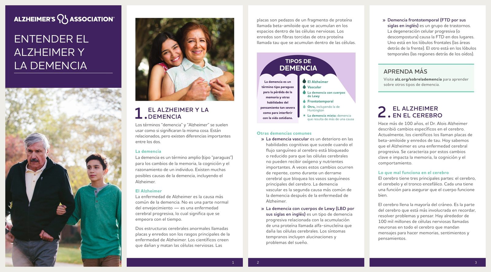 Spanish-language brochure “Entender el Alzheimer y la demencia”: cover and interior pages