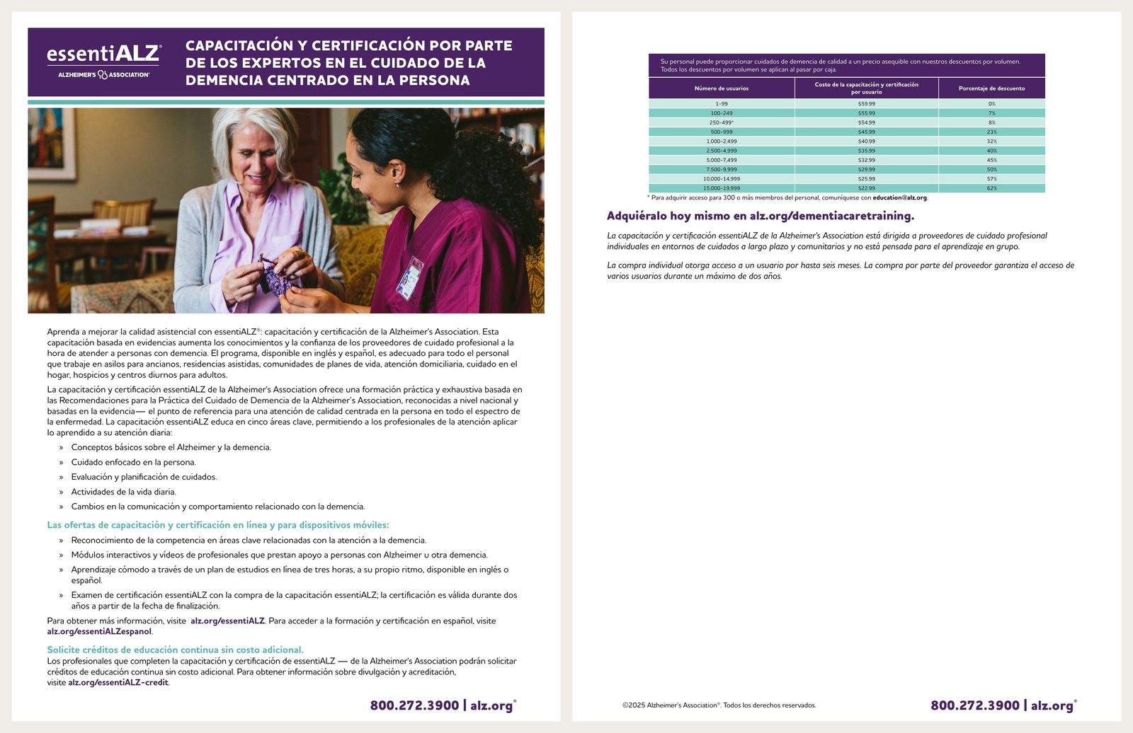 Spanish-language essentiALZ sell sheet, front and back