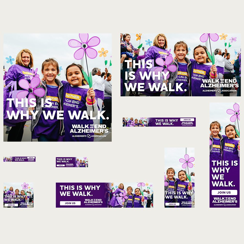 Second Walk to End Alzheimer's ad set featuring a group of walkers