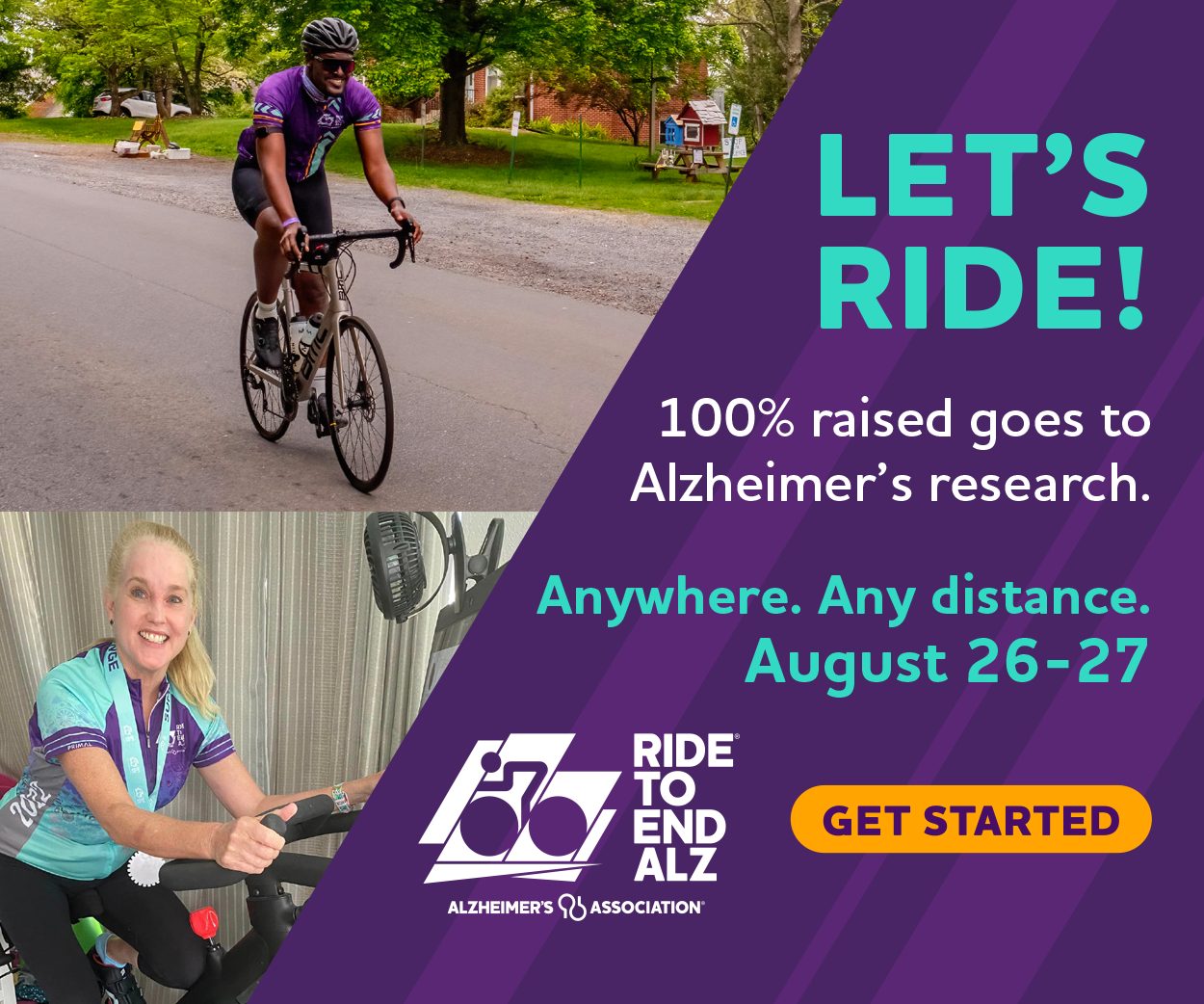 Ride to End ALZ “Let's Ride!” ad with cyclists and the event date