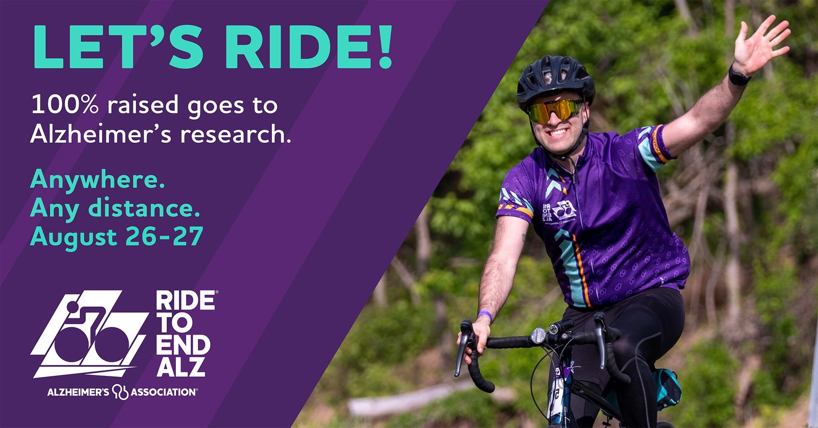 Horizontal Ride to End ALZ banner: “100% raised goes to Alzheimer's research”