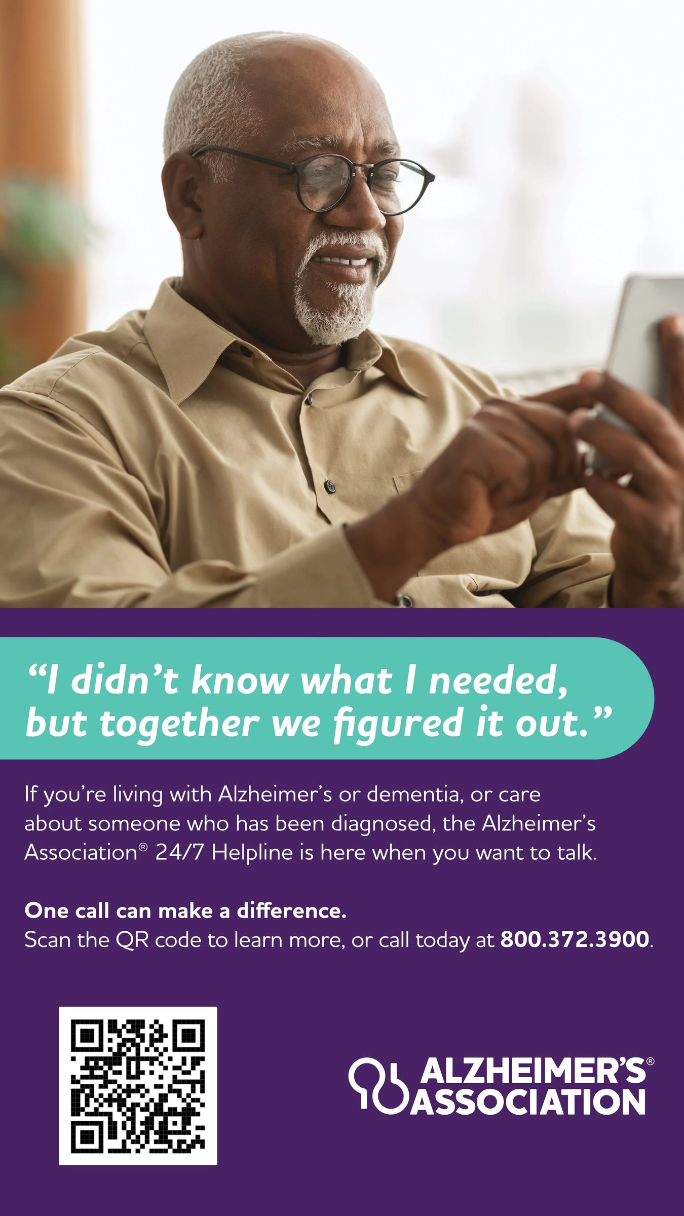 Alzheimer's Association 24/7 Helpline digital board with a personal quote and QR code