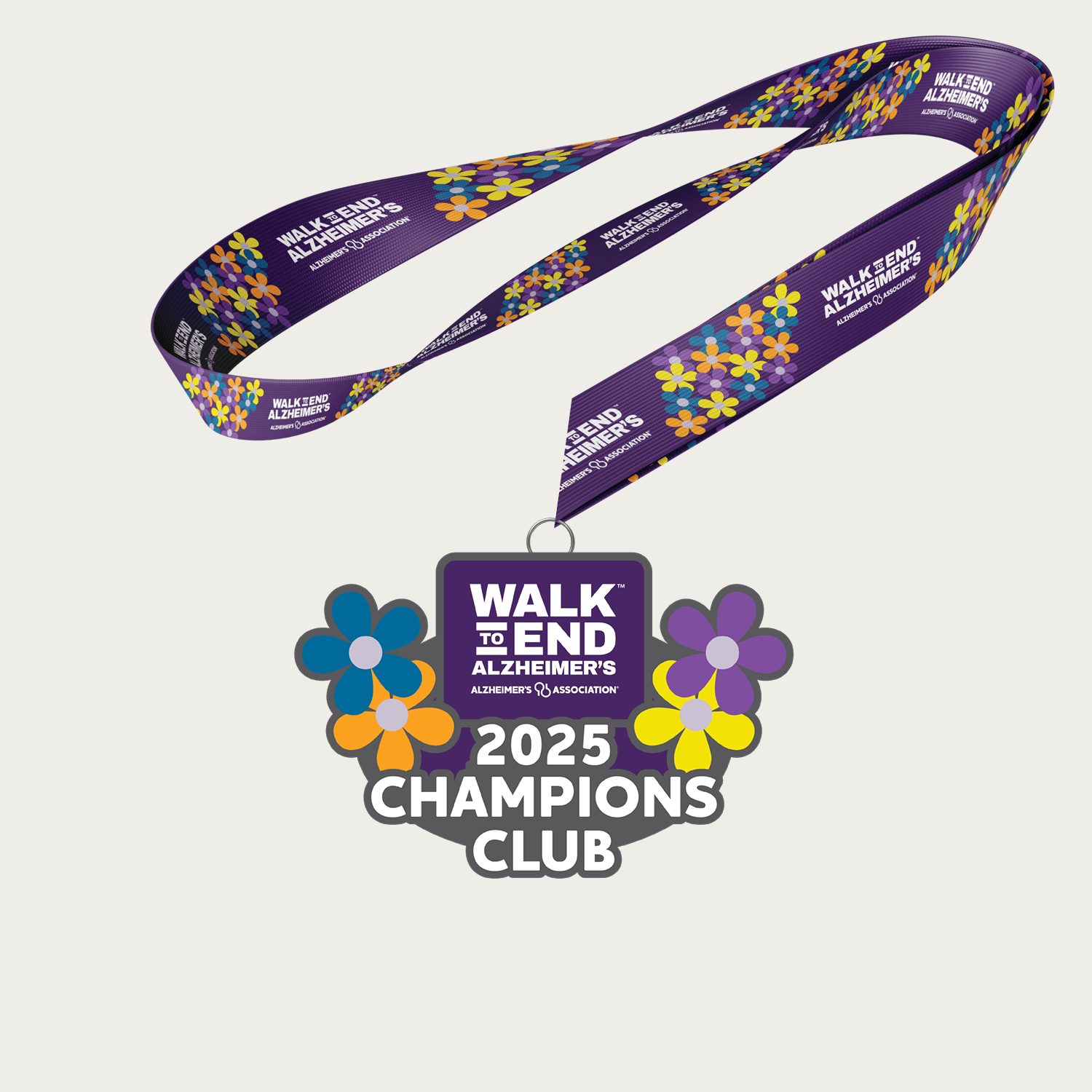 Walk to End Alzheimer's 2025 Champions Club medal and lanyard