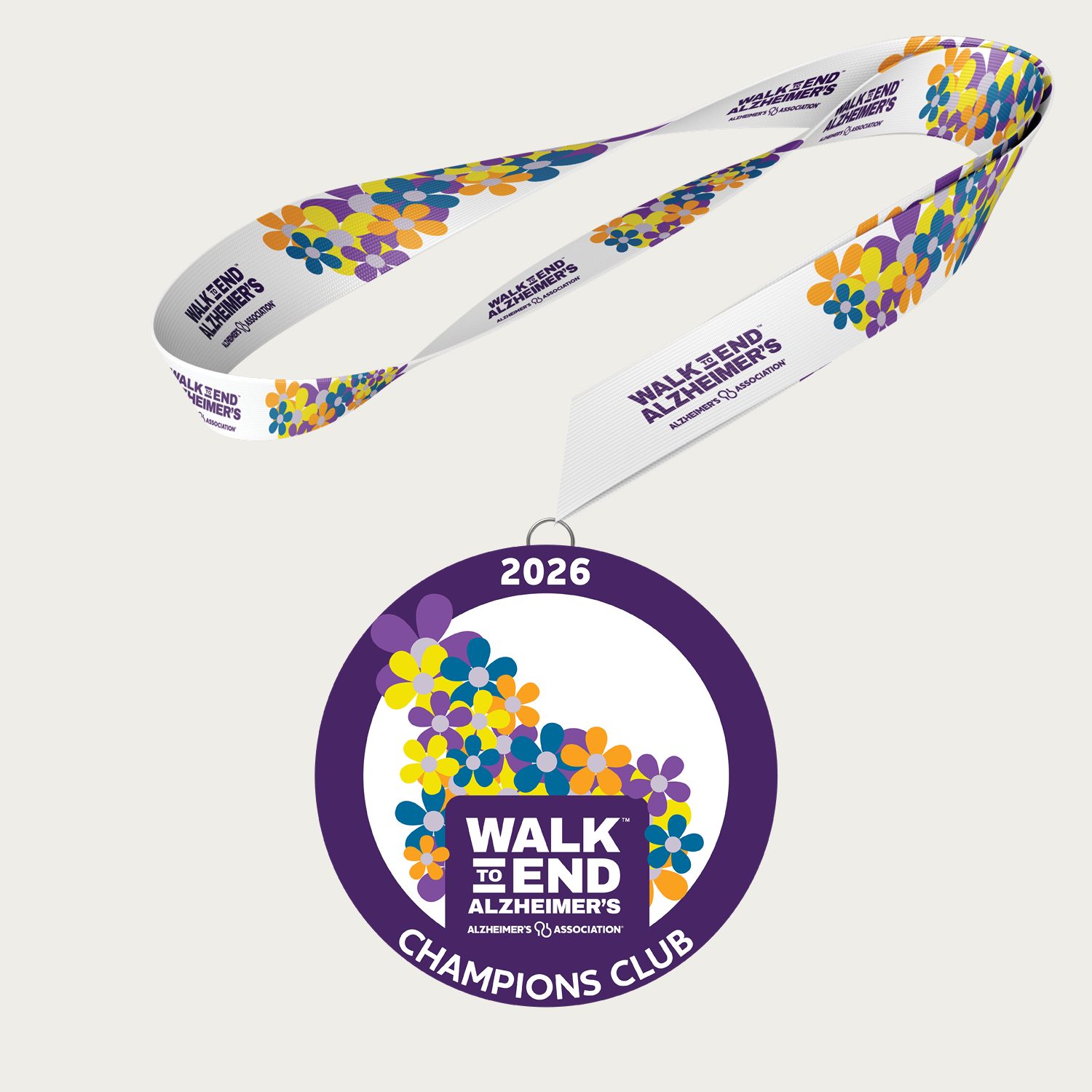 Walk to End Alzheimer's 2026 Champions Club medal and lanyard