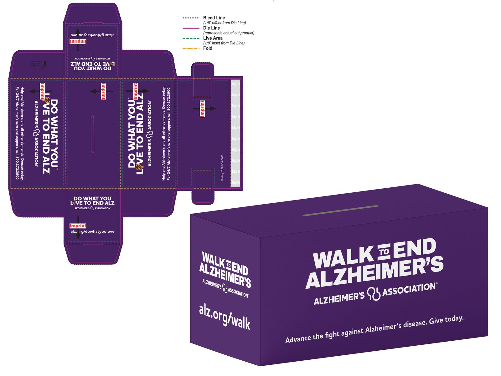 Walk to End Alzheimer's branded box shown with its full dieline