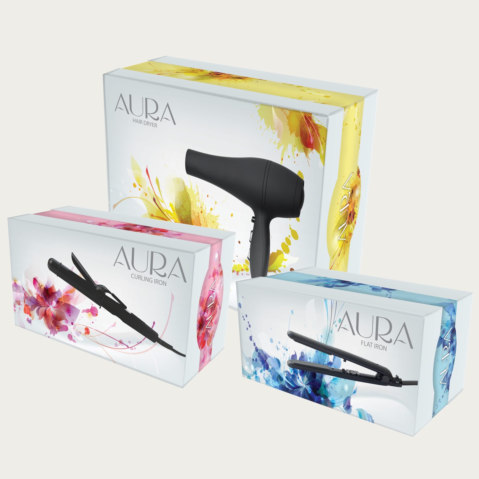 Aura hair tool packaging family: dryer, curler and straightener boxes