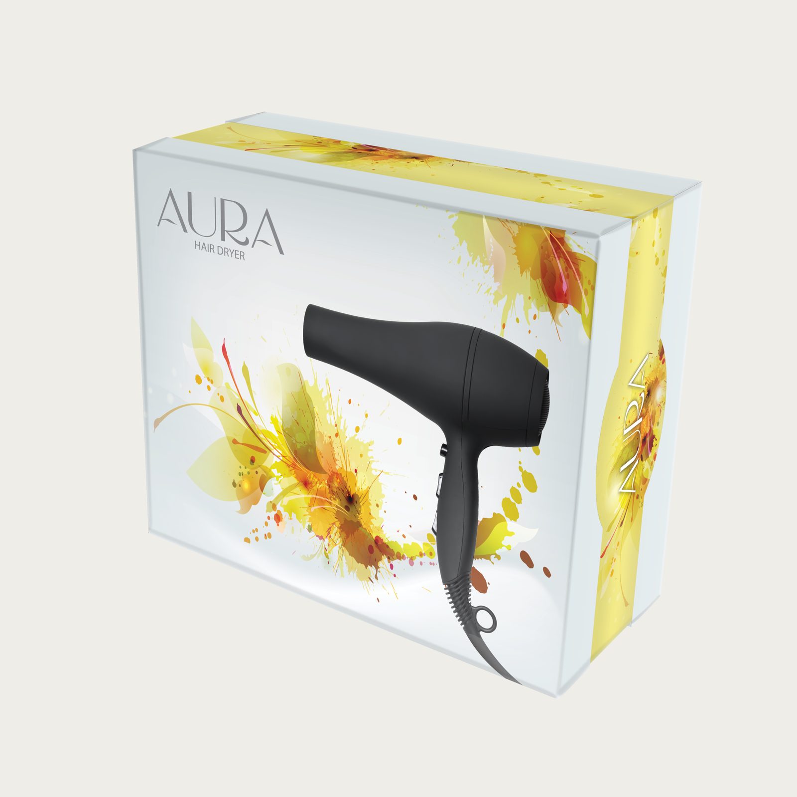 Aura hair dryer box with yellow floral artwork