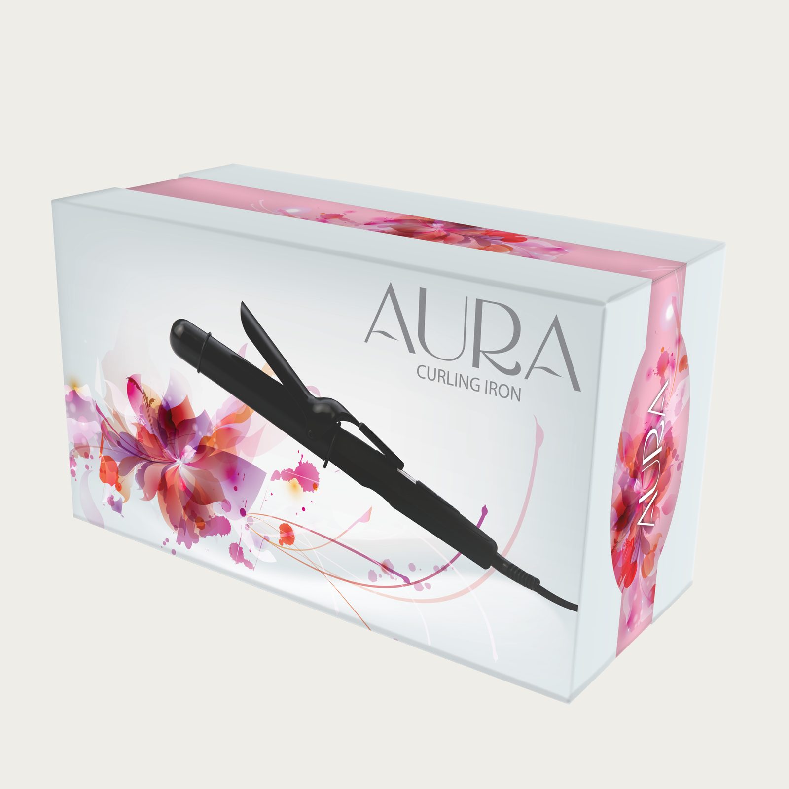 Aura hair curler box with pink floral artwork
