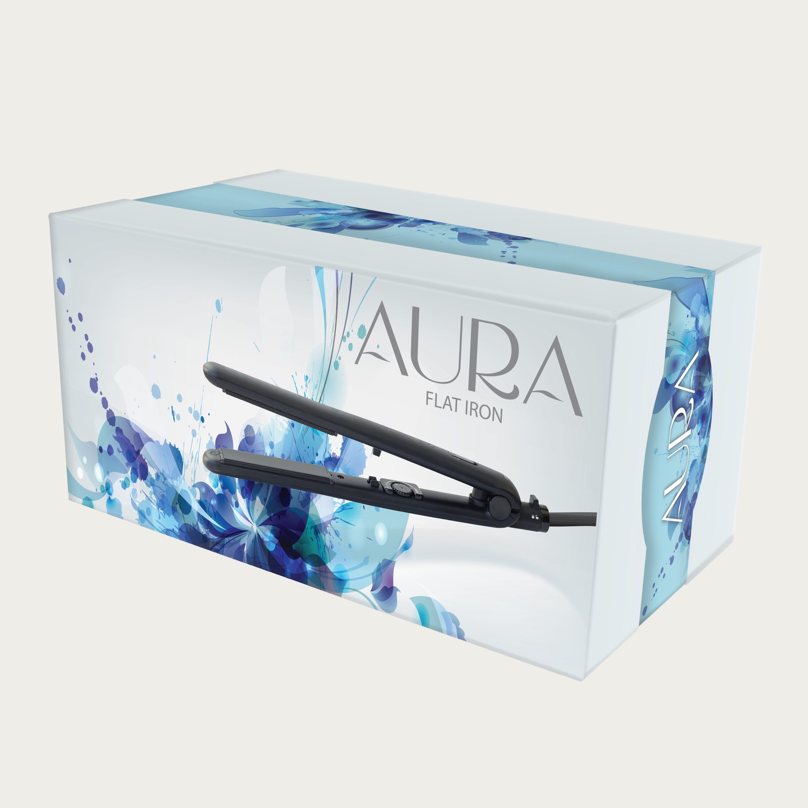 Aura hair straightener box with blue floral artwork