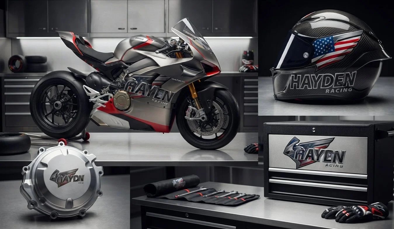 Hayden Racing brand applications on helmet and motorcycle