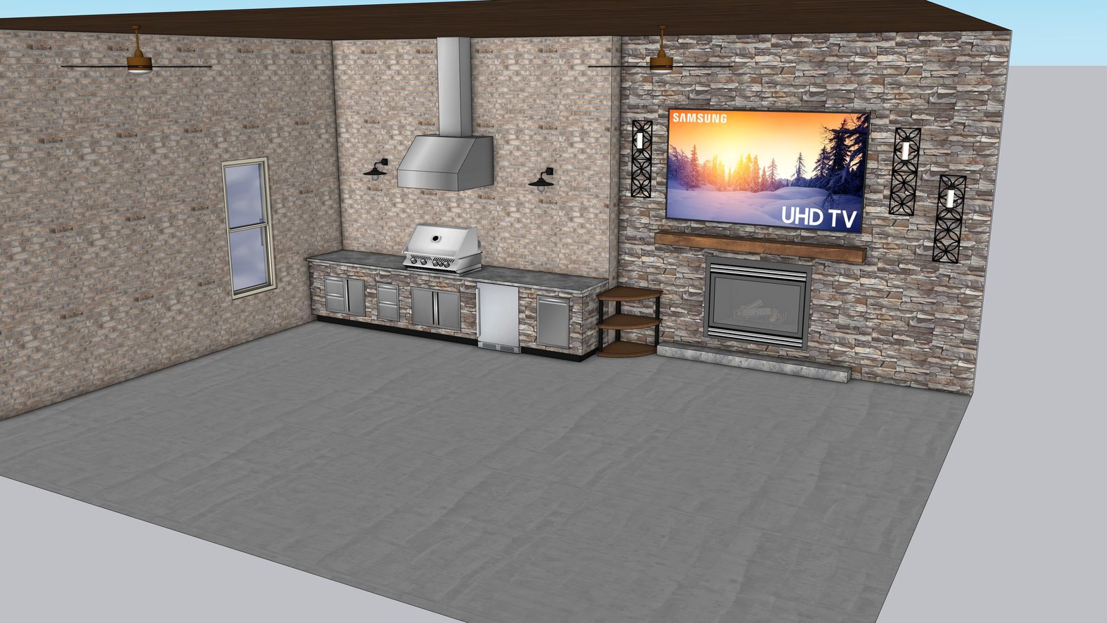 Covered outdoor kitchen render with stone fireplace wall, TV and grill station