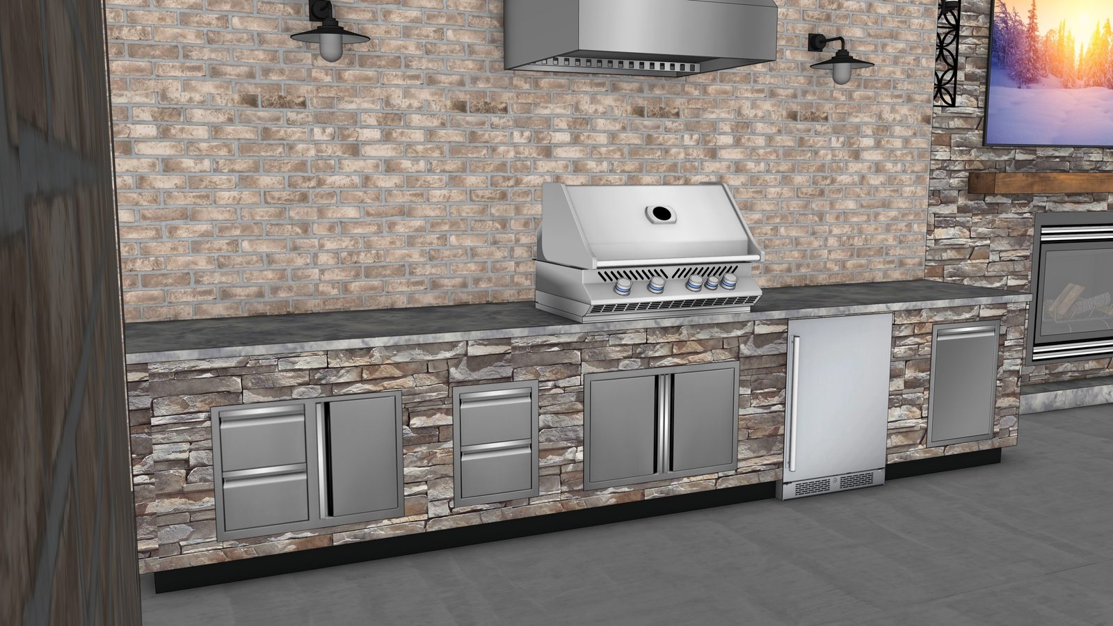 Close-up render of a stainless grill station and cabinets