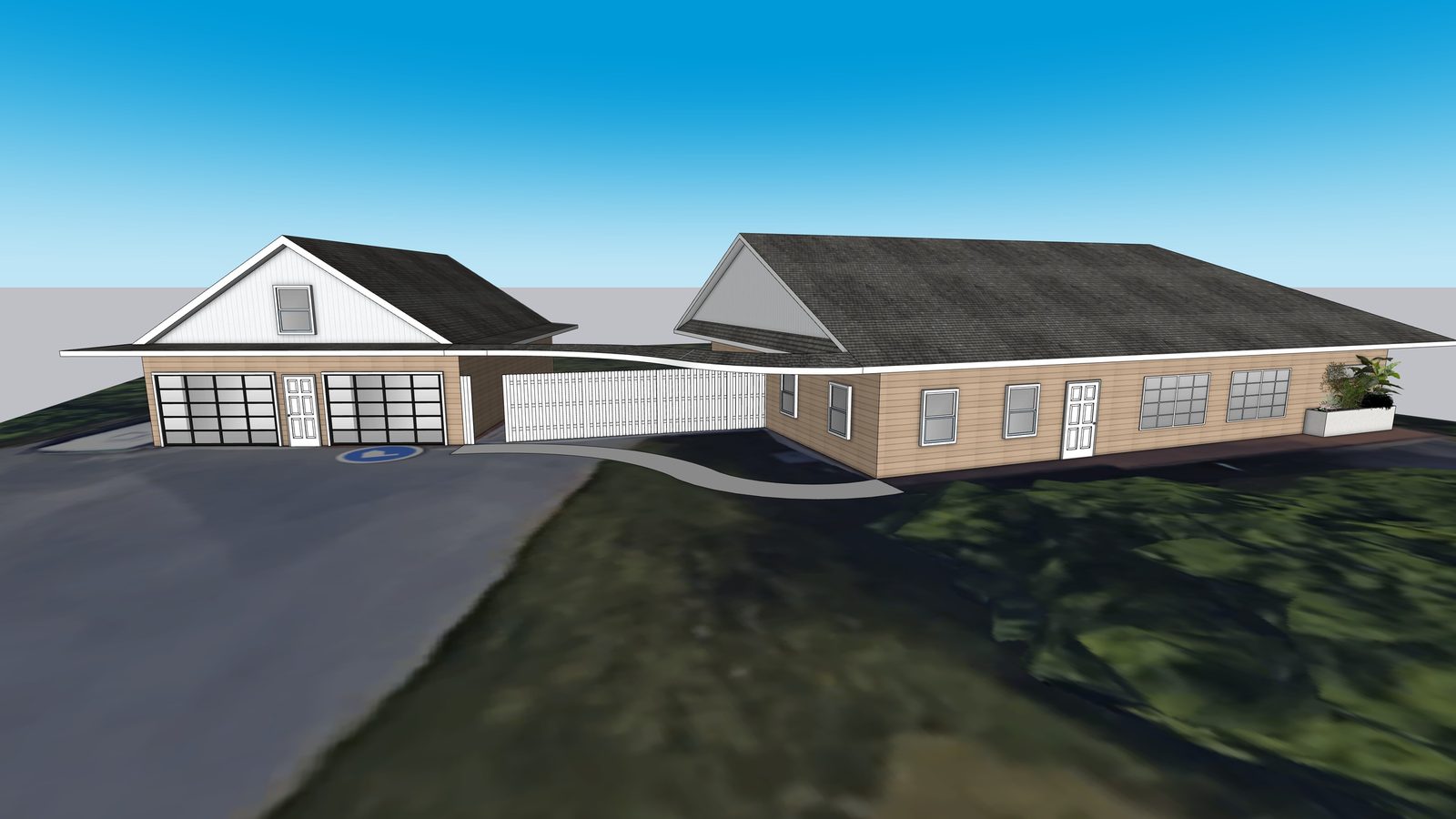 Home exterior render with detached two-car garage