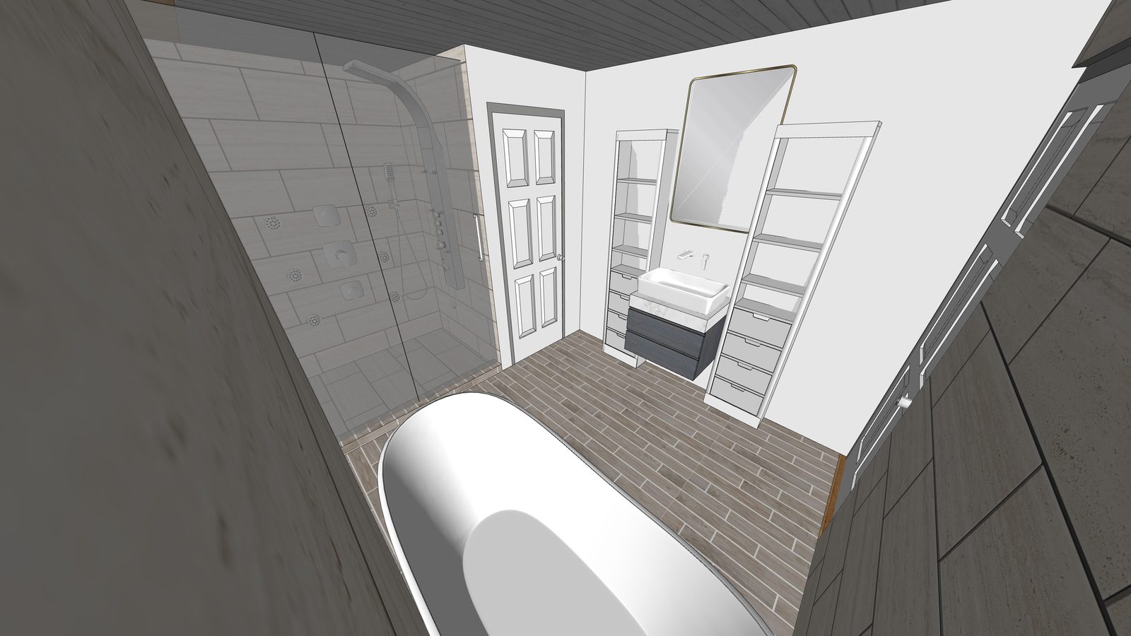 Primary bath render with freestanding tub, vanity and wood-look tile floor