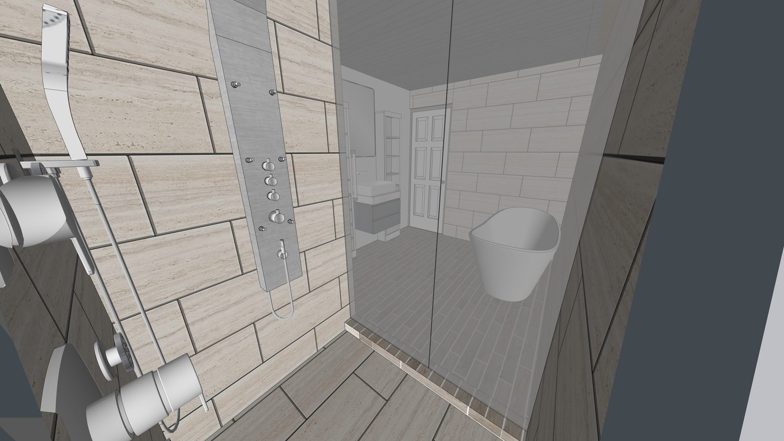Primary bath render with walk-in shower panel and freestanding tub