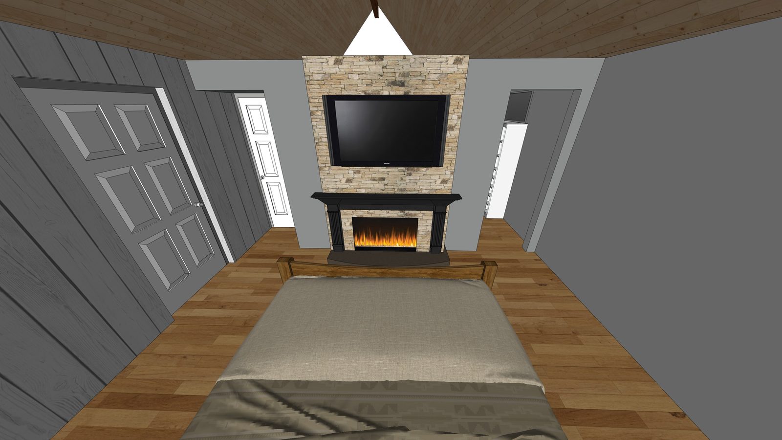 Primary bedroom render with fireplace and wall-mounted TV
