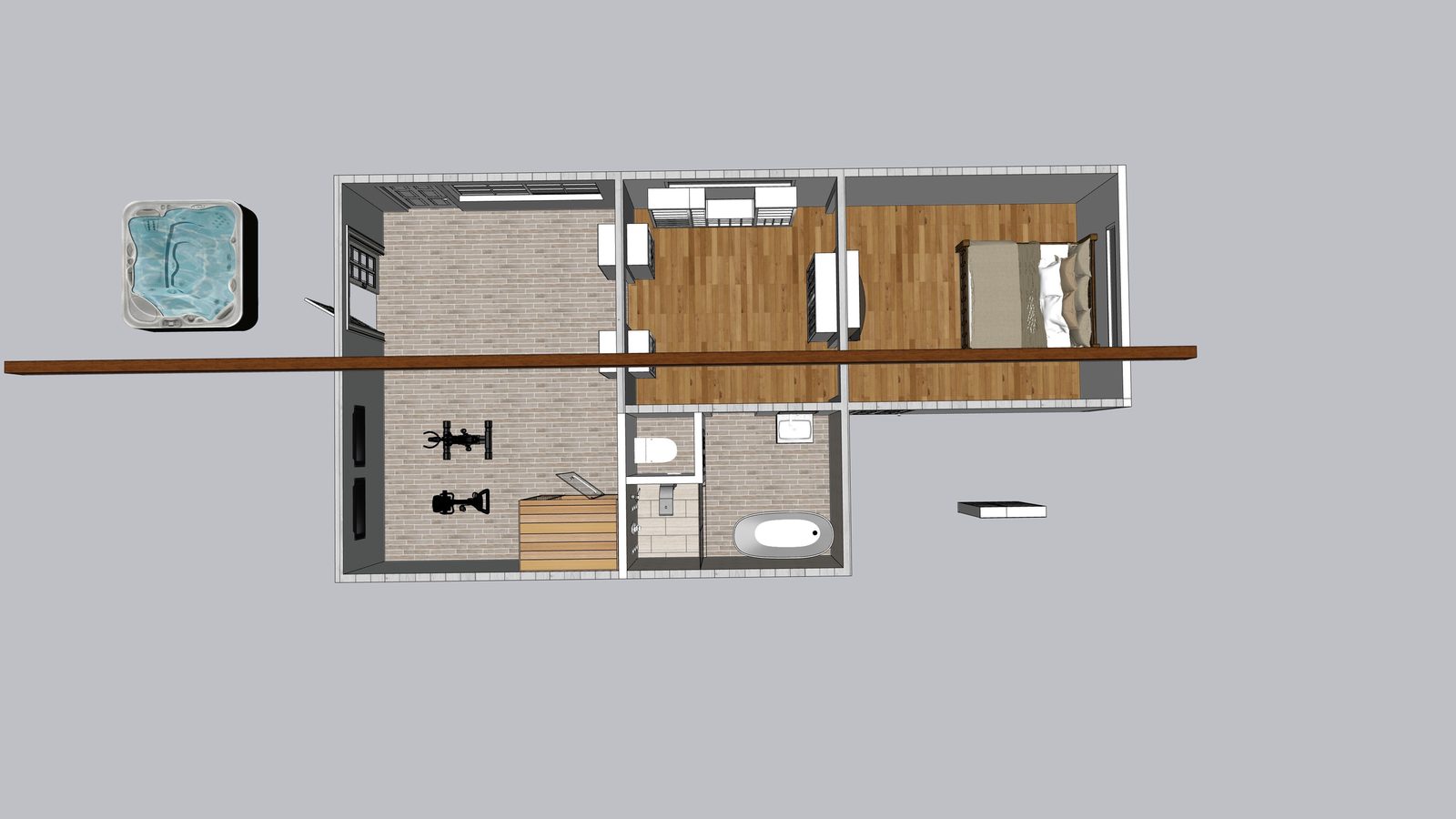 Top-down floor plan of a primary suite