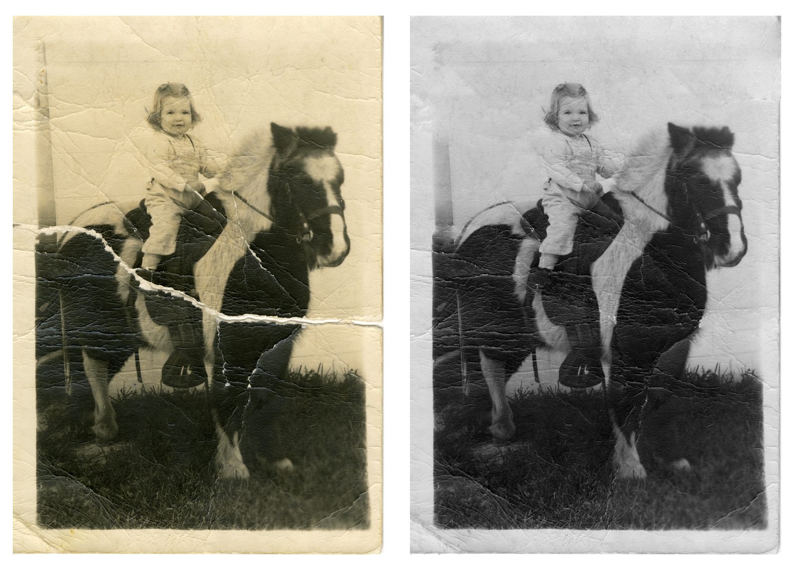 Vintage photo restoration, before and after: child on a horse