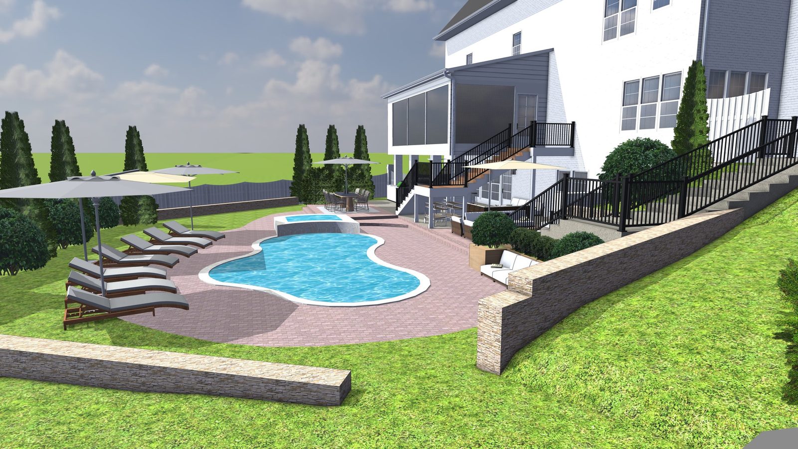 Rendered backyard with pool and multi-level deck