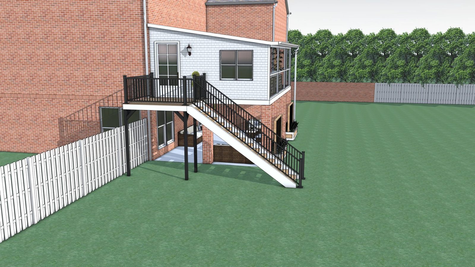 Rendered two-level deck on a brick home
