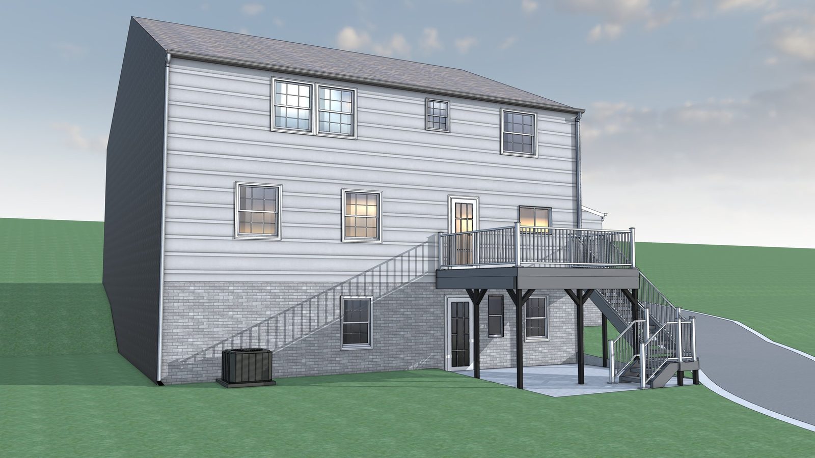 Rendered deck and stairs on a two-story home