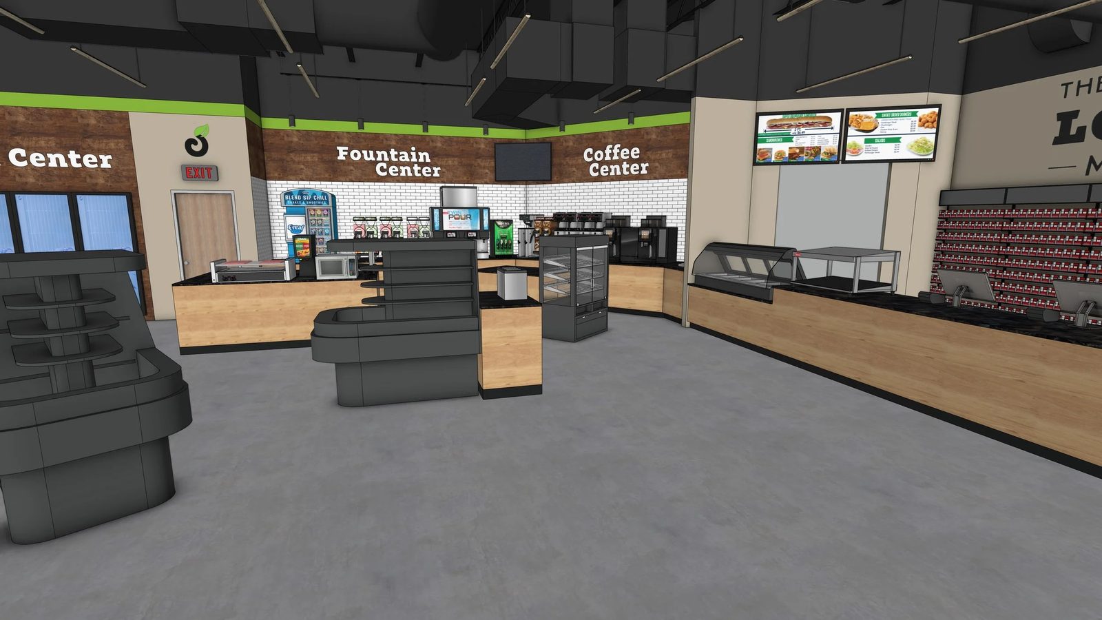 Rendered convenience store interior with checkout counter and digital menu boards