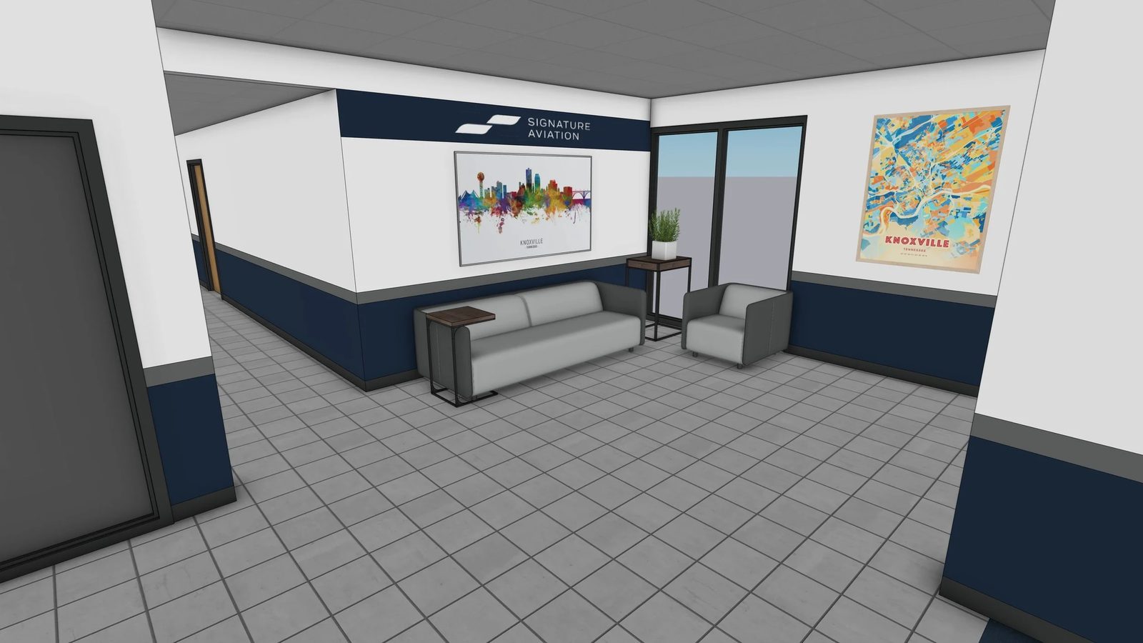 Rendered store interior with service counter and seating area