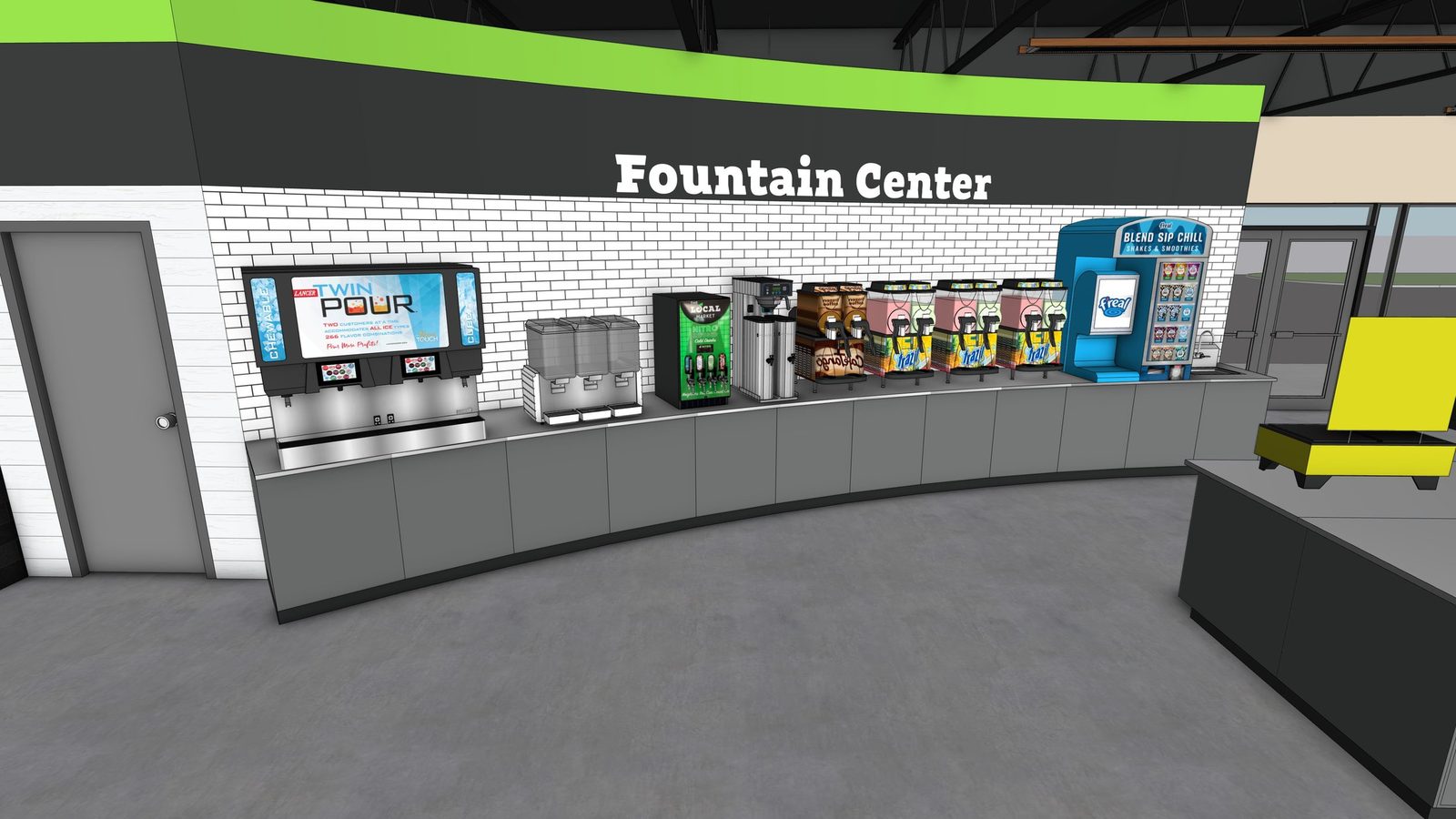 Rendered fountain drink center in a convenience store