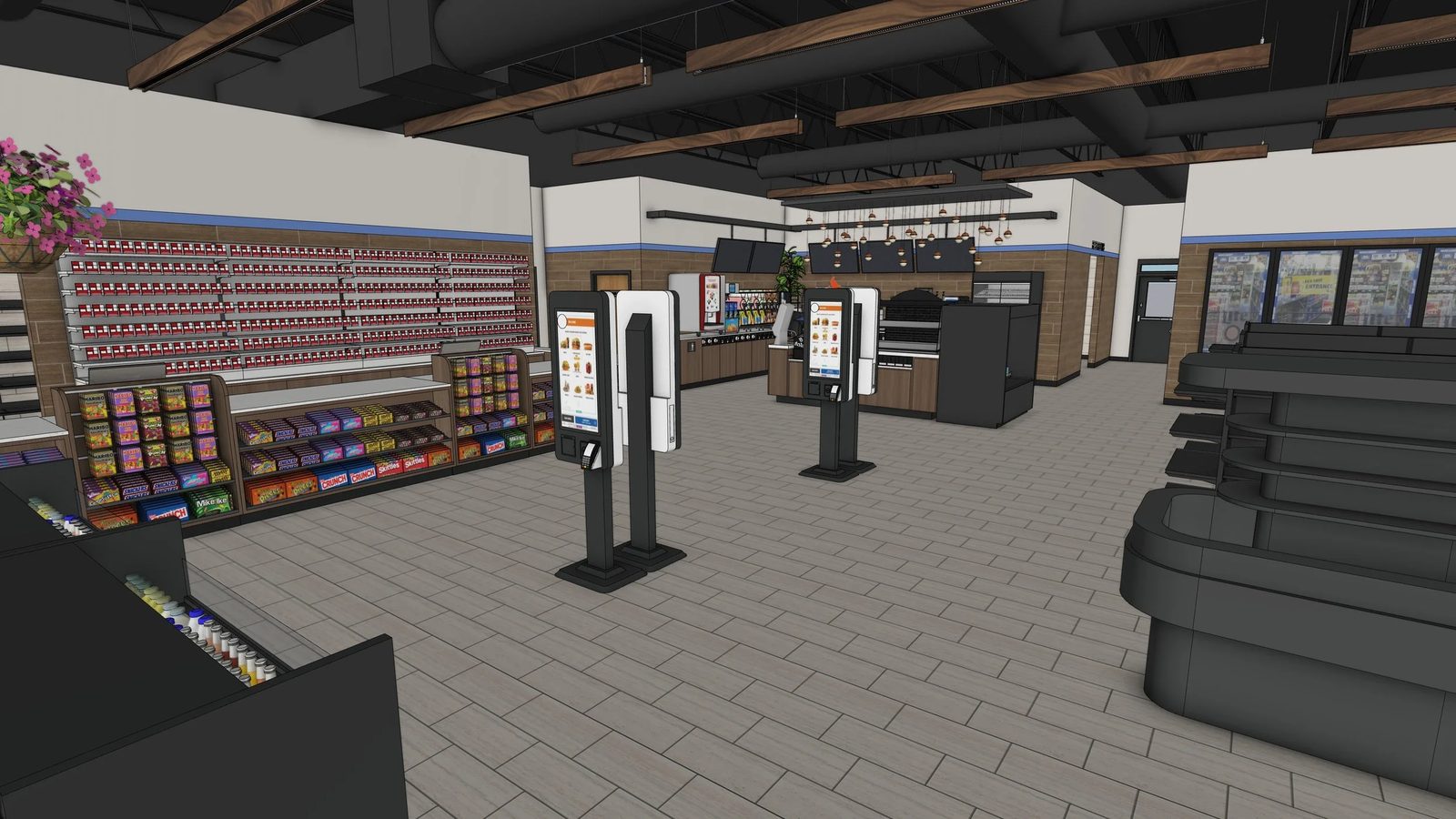 Rendered convenience store interior with merchandising aisles