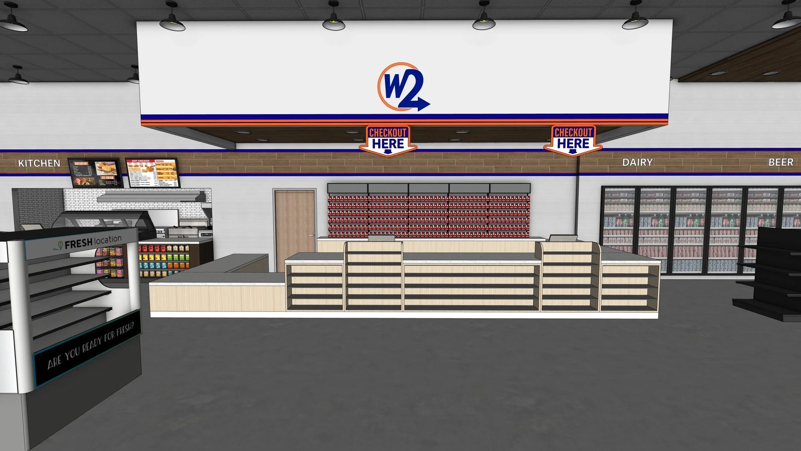 Rendered store interior with branded checkout