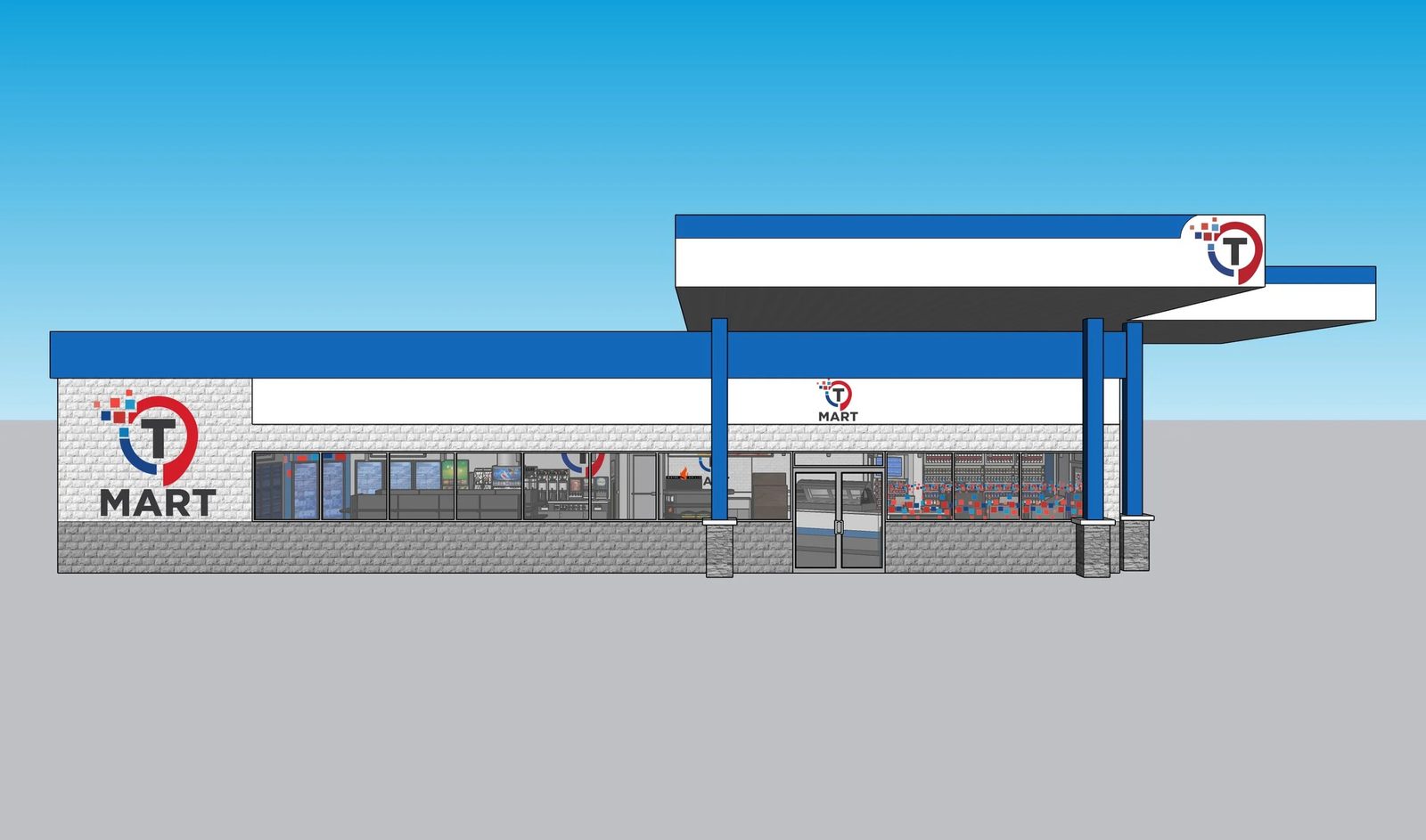 Rendered fuel station canopy and storefront