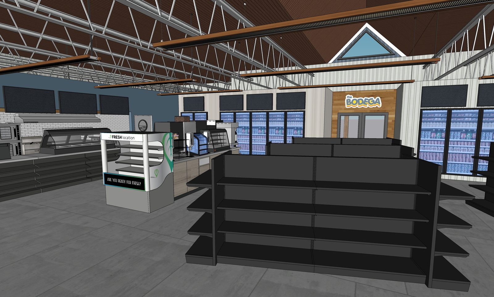 Convenience store interior layout concept with gondola shelving, coolers and an open truss ceiling
