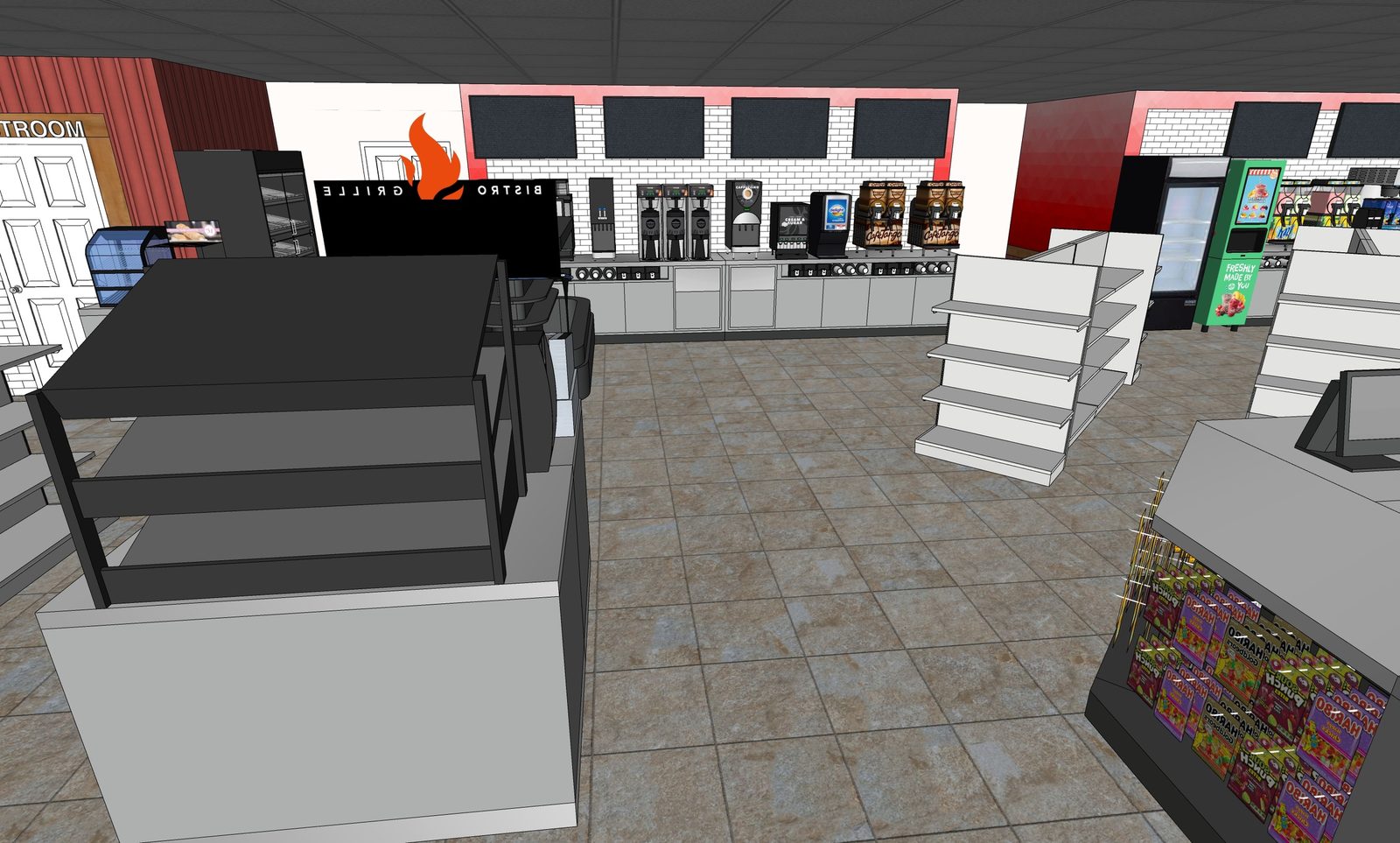 Convenience store interior concept with coffee bar and hot food case