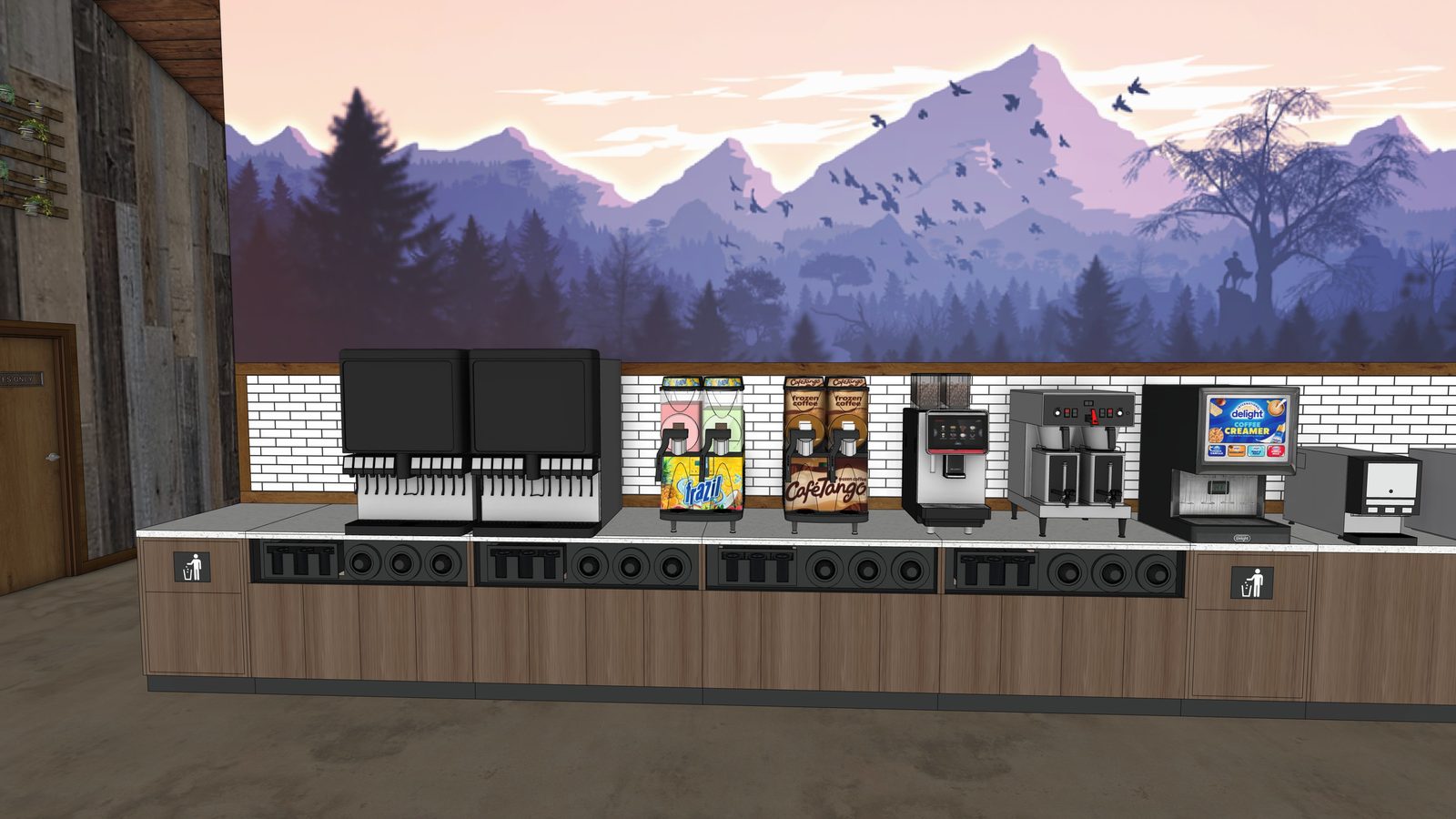Convenience store beverage counter with fountain, frozen drink and coffee machines below a mountain mural