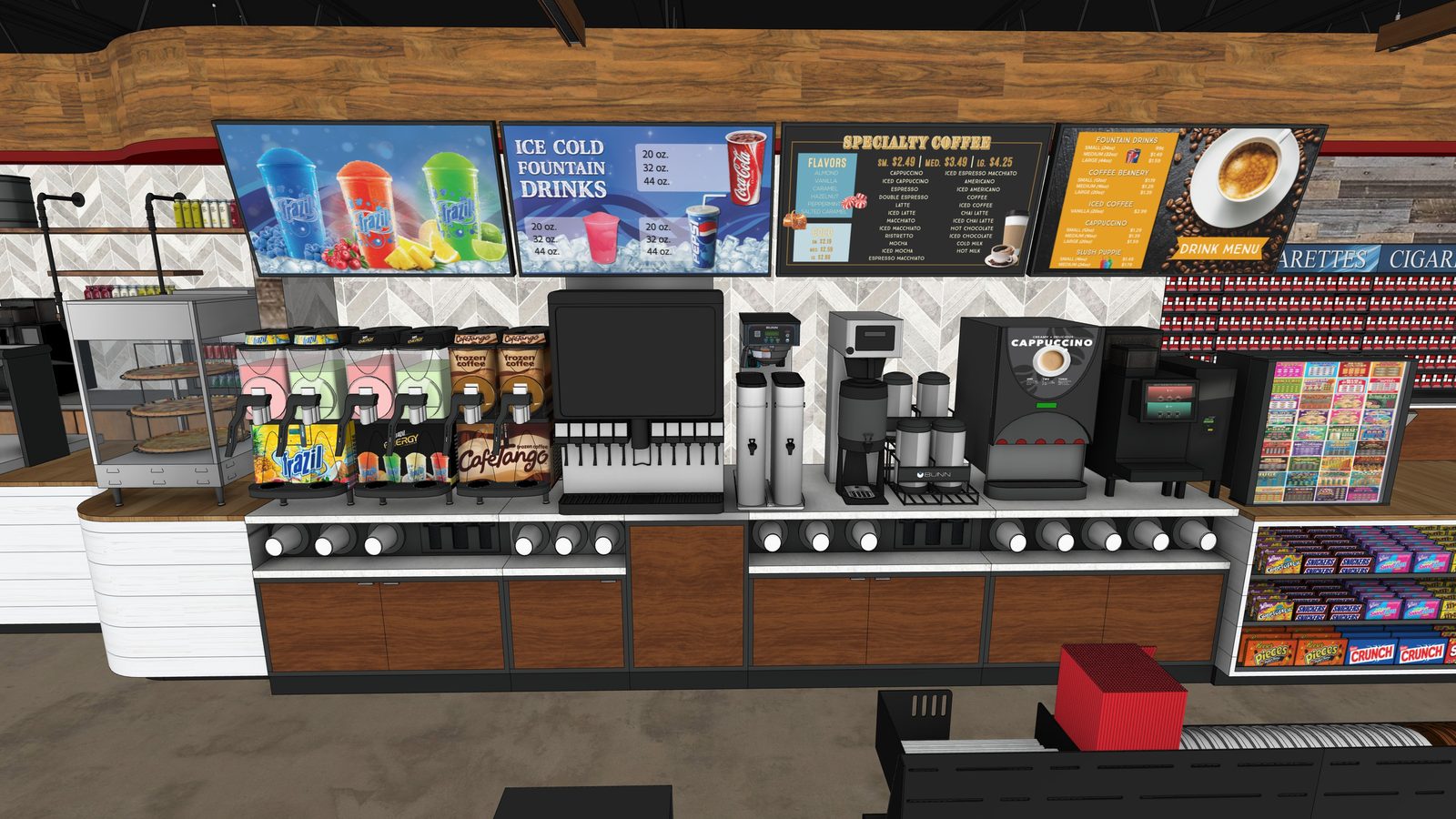 Convenience store coffee and fountain drink counter with digital menu boards