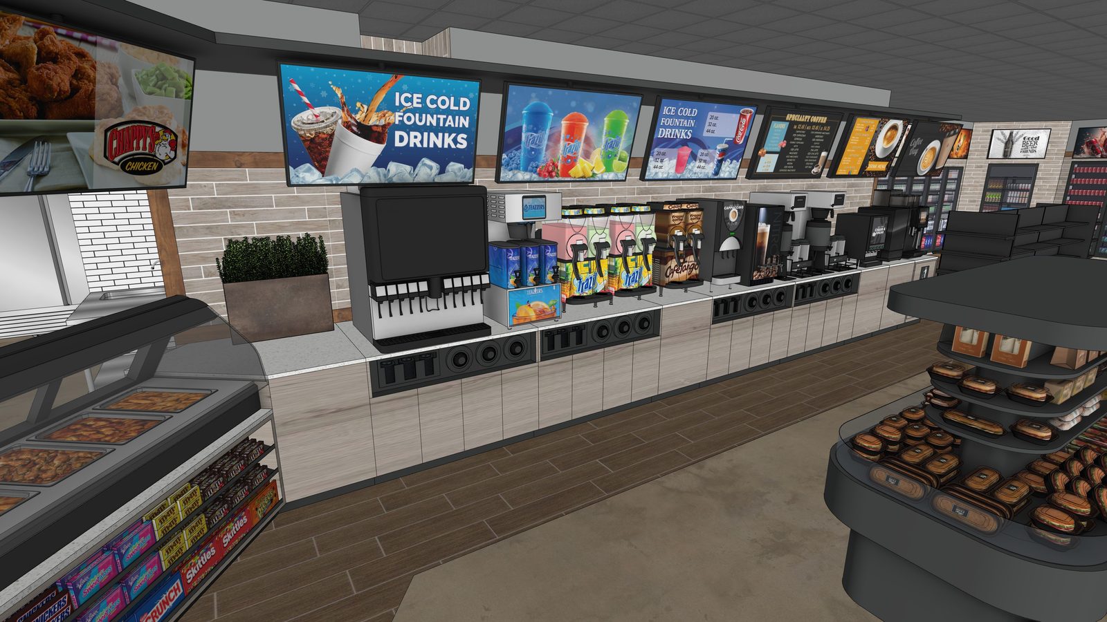 Convenience store interior with fountain drink counter, hot food case and bakery display