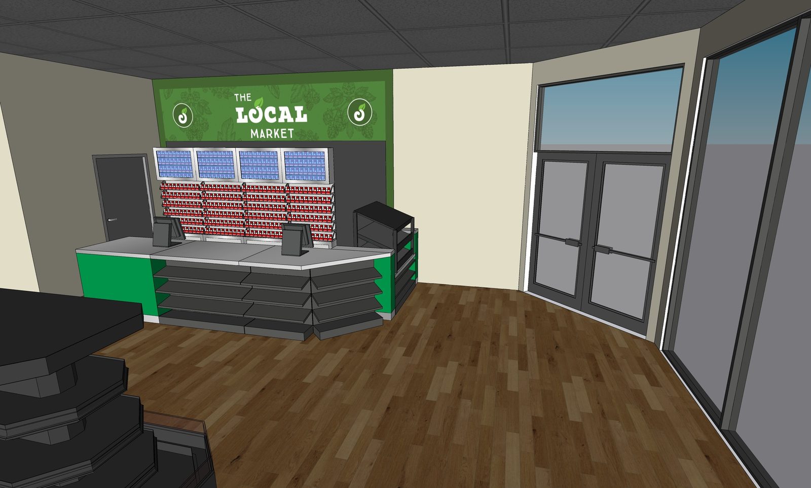 Checkout counter concept with wood floor and front entrance