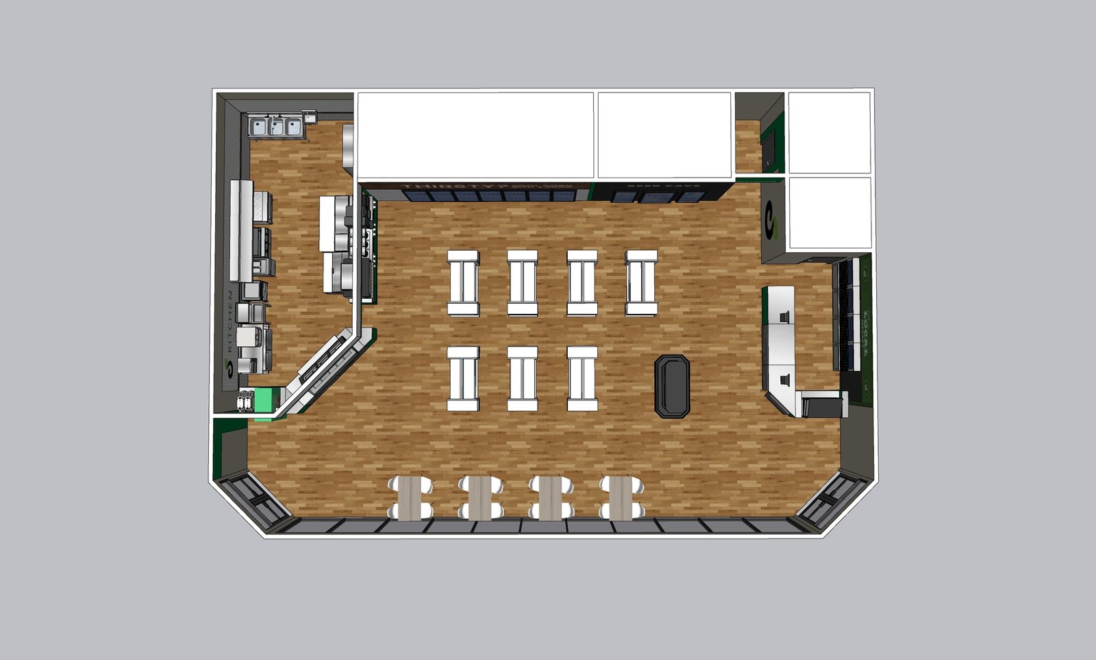Top-down floor plan concept with kitchen, shelving and window seating