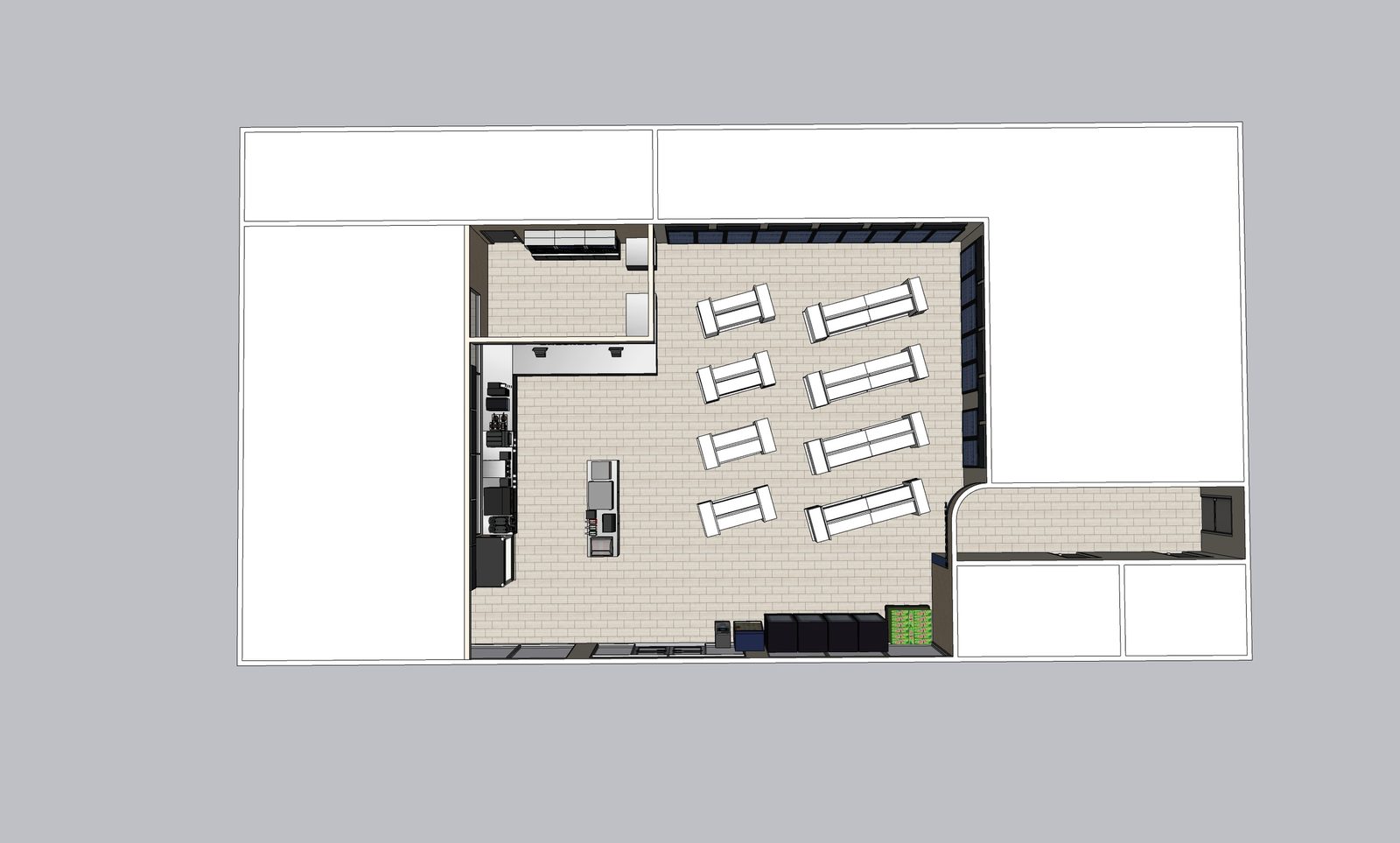 Top-down convenience store floor plan concept with shelving and cooler wall