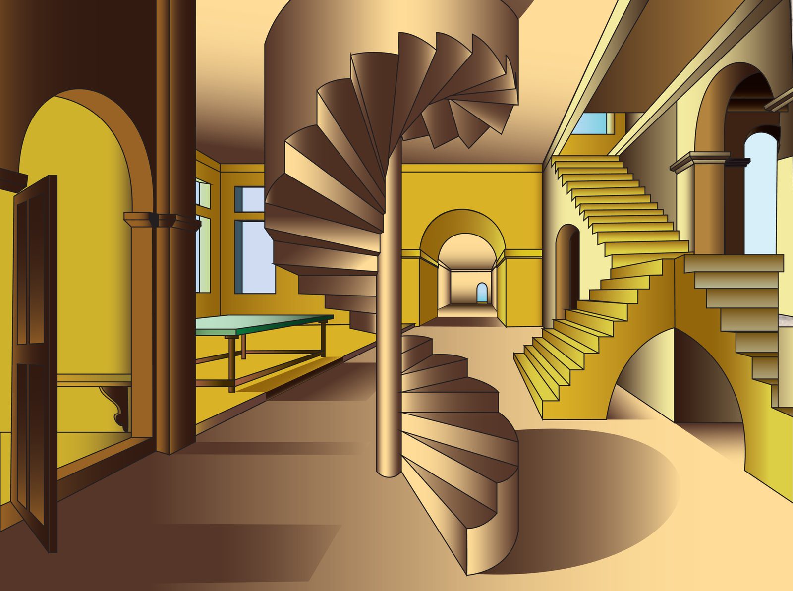 Digital painting: perspective drawing of an arched interior with a spiral staircase
