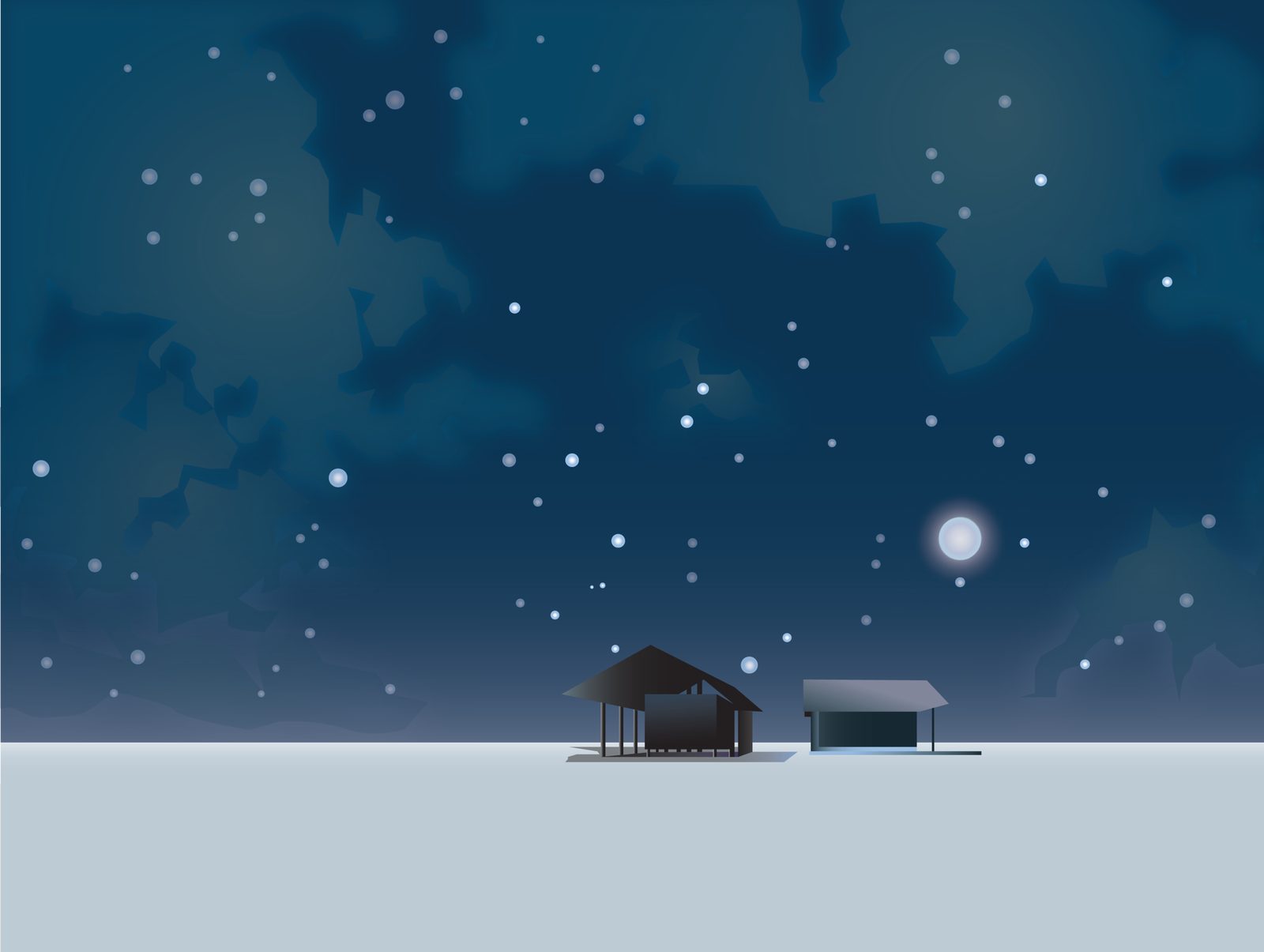 Digital painting: night landscape with a cabin under the stars