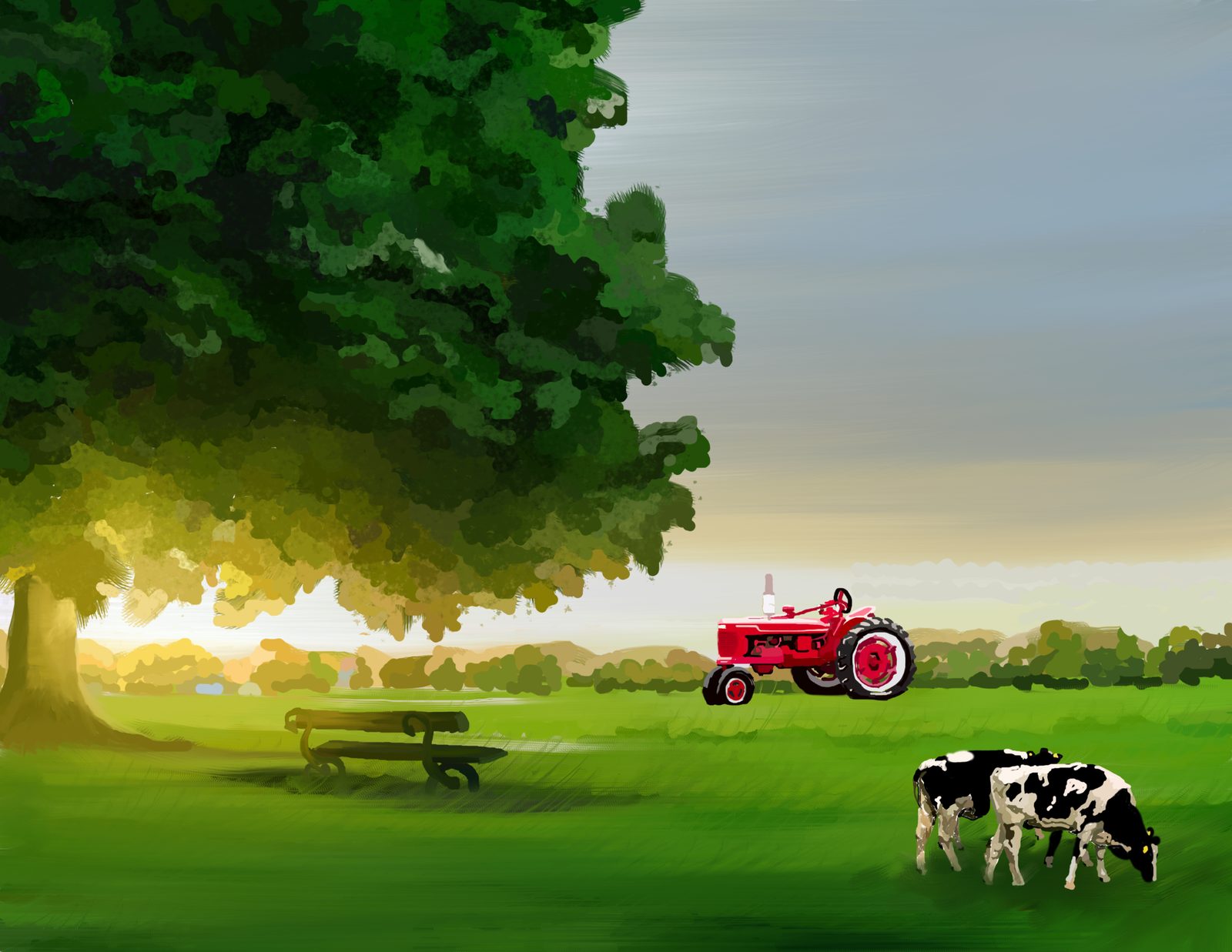 Digital painting: farm landscape with a tree, tractor and cows