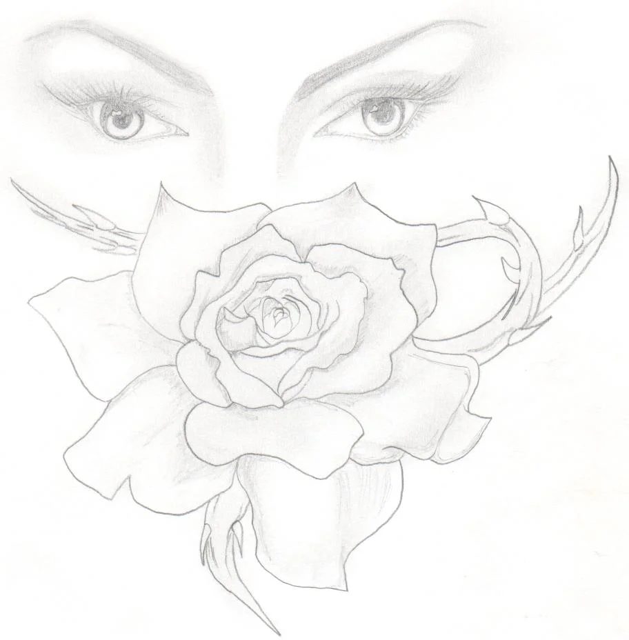 Pencil drawing of a face with a rose